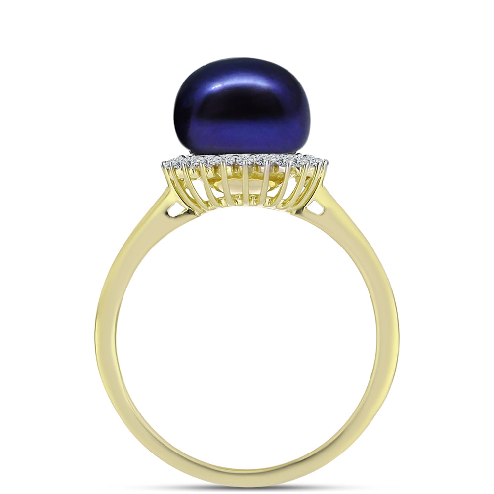 Anillo de Plata Bañada en Oro con Perla Negra de Agua dulce y Topacio Blanco 2 