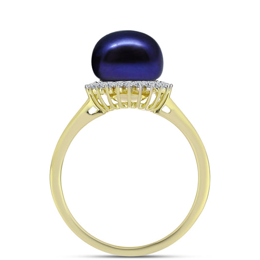 Anillo de Plata Bañada en Oro con Perla Negra de Agua dulce y Topacio Blanco