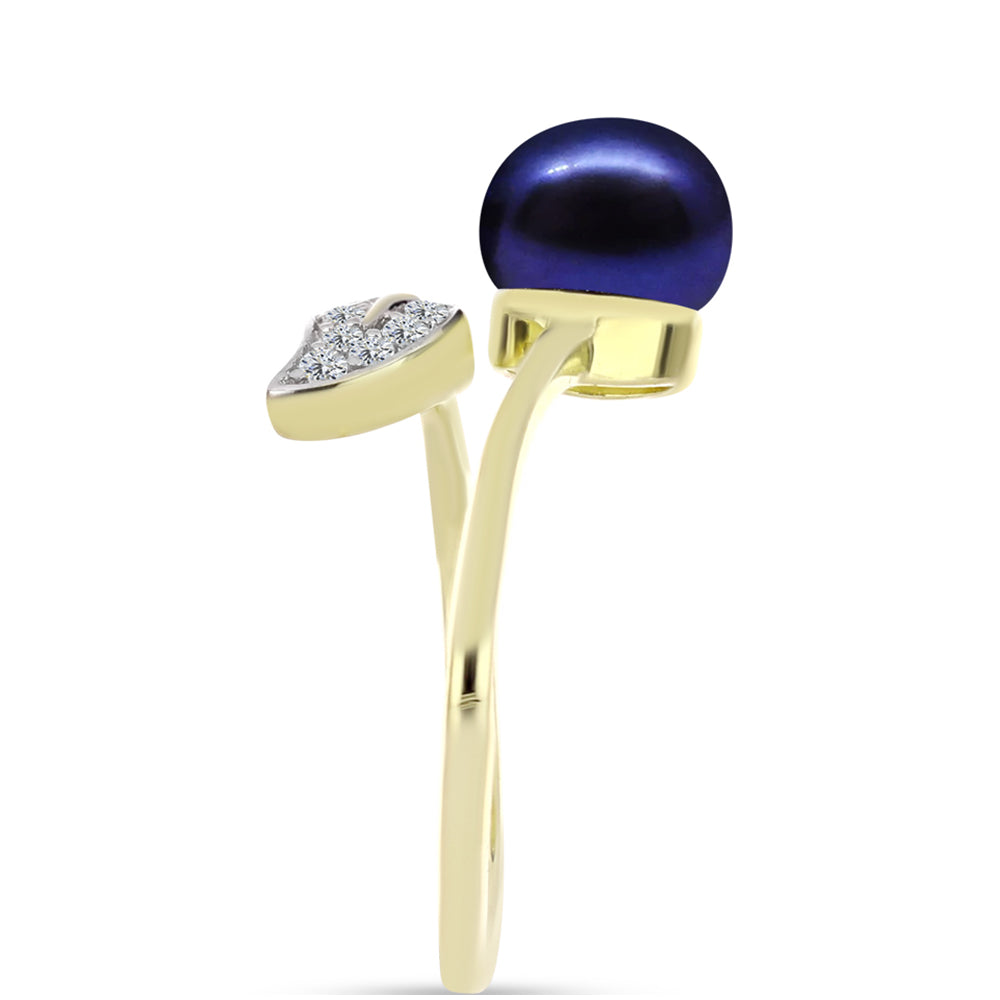 Anillo de Plata Bañada en Oro con Perla Negra de Agua dulce y Topacio Blanco 4 