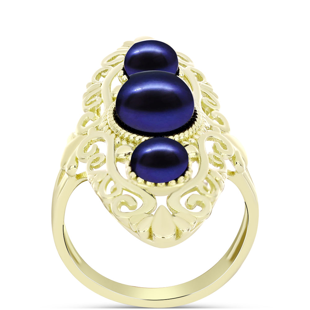 Anillo de Plata Bañada en Oro con Perla Negra de Agua dulce