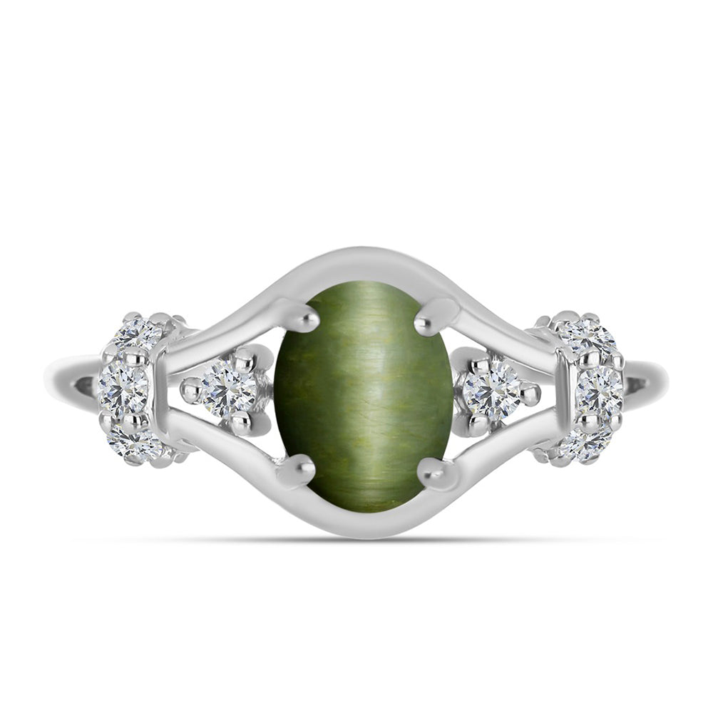 Anillo de Plata con Ojo de Gato Verde de Antananarivo y Topacio Blanco 1 