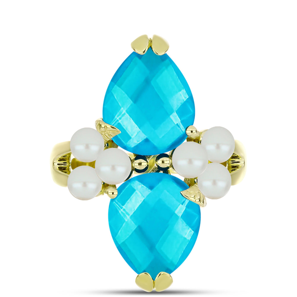 Anillo de Plata Bañada en Oro con Jade Azul y Perla de Agua Dulce 1 
