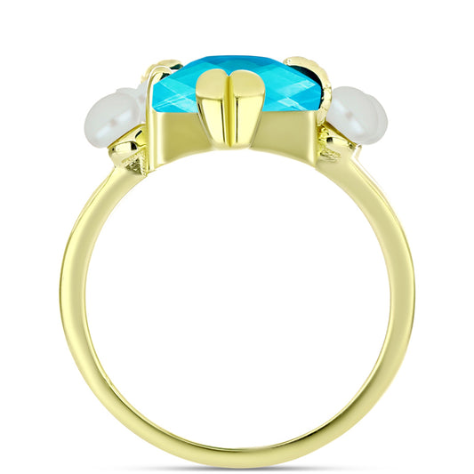 Anillo de Plata Bañada en Oro con Jade Azul y Perla de Agua Dulce