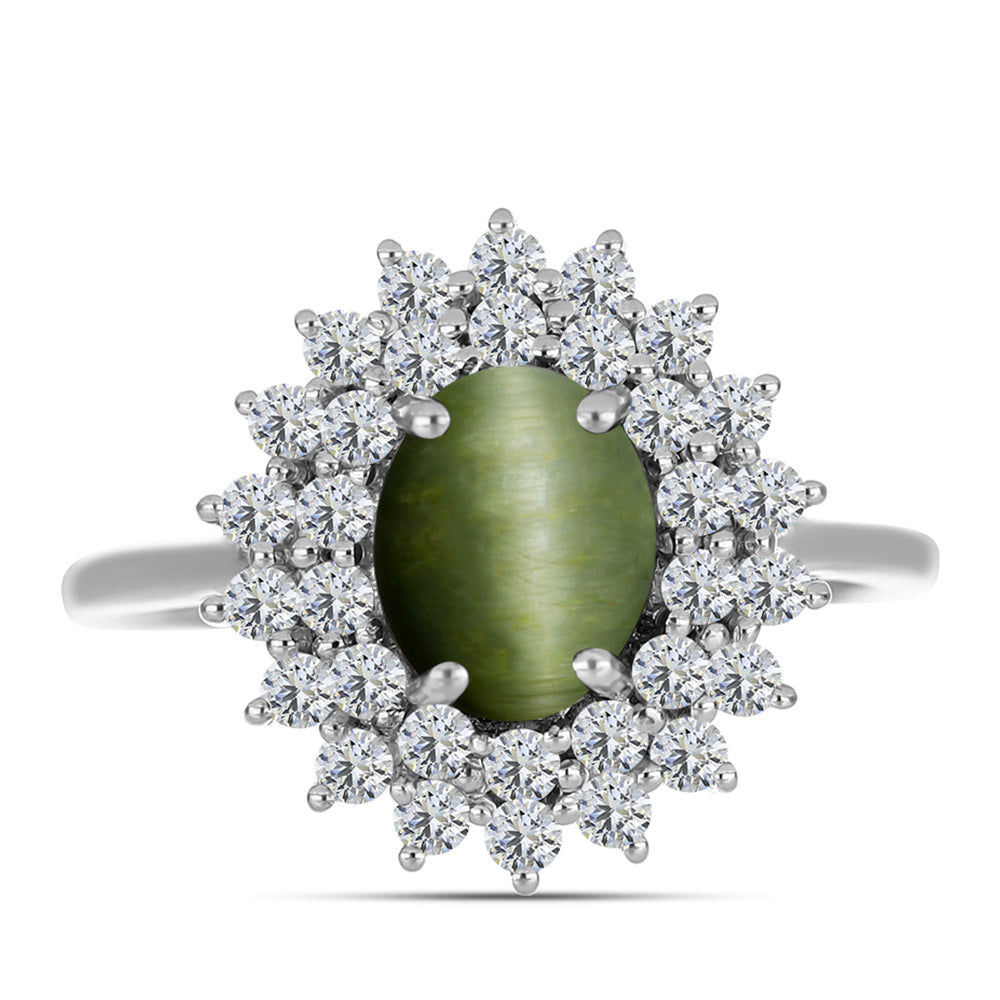 Anillo de Plata con Ojo de Gato Verde de Antananarivo y Topacio Blanco 1 