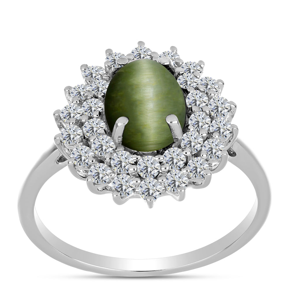 Anillo de Plata con Ojo de Gato Verde de Antananarivo y Topacio Blanco