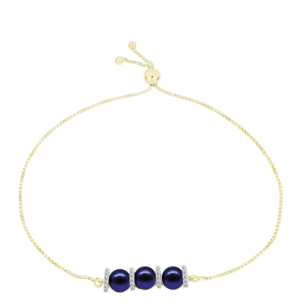 Pulsera de Plata Bañada en Oro con Perla Negra de Agua dulce y Topacio Blanco