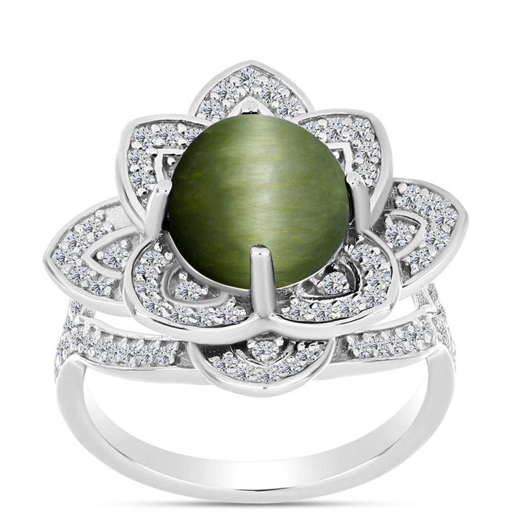 Anillo de Plata con Ojo de Gato Verde de Antananarivo y Topacio Blanco 3 