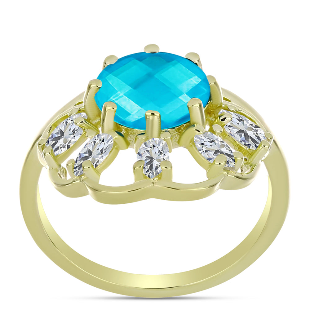 Anillo de Plata Bañada en Oro con Jade Azul y Topacio Blanco
