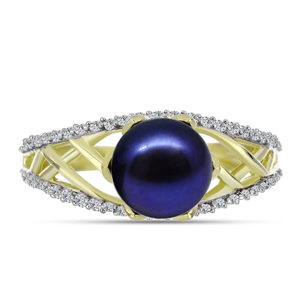 Anillo de Plata Bañada en Oro con Perla Negra de Agua dulce y Topacio Blanco