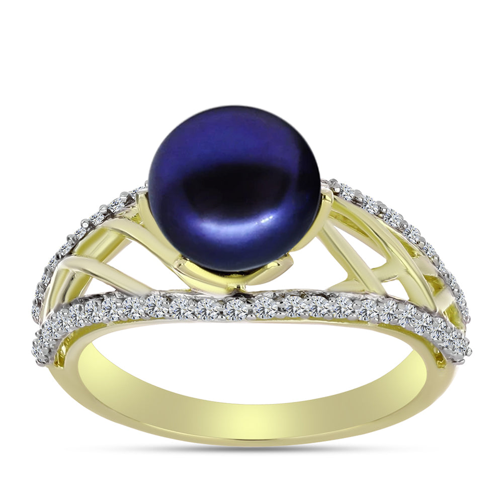Anillo de Plata Bañada en Oro con Perla Negra de Agua dulce y Topacio Blanco 3 