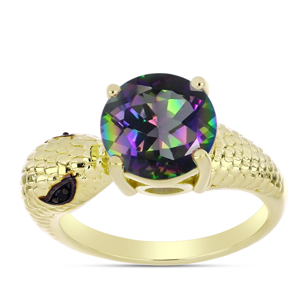 Anillo de Plata Bañada en Oro con Cuarzo Hematita verde místico y Espinela Negra 1 