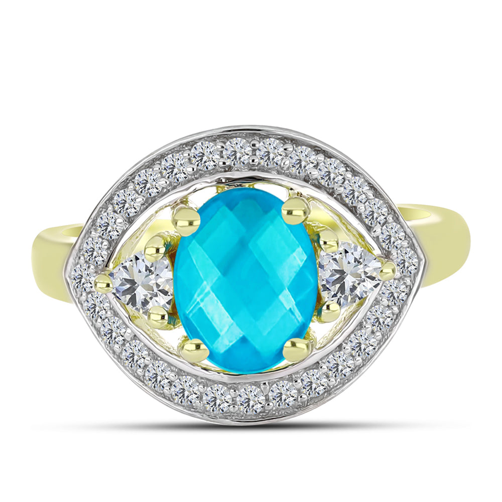 Anillo de Plata Bañada en Oro con Jade Azul y Topacio Blanco