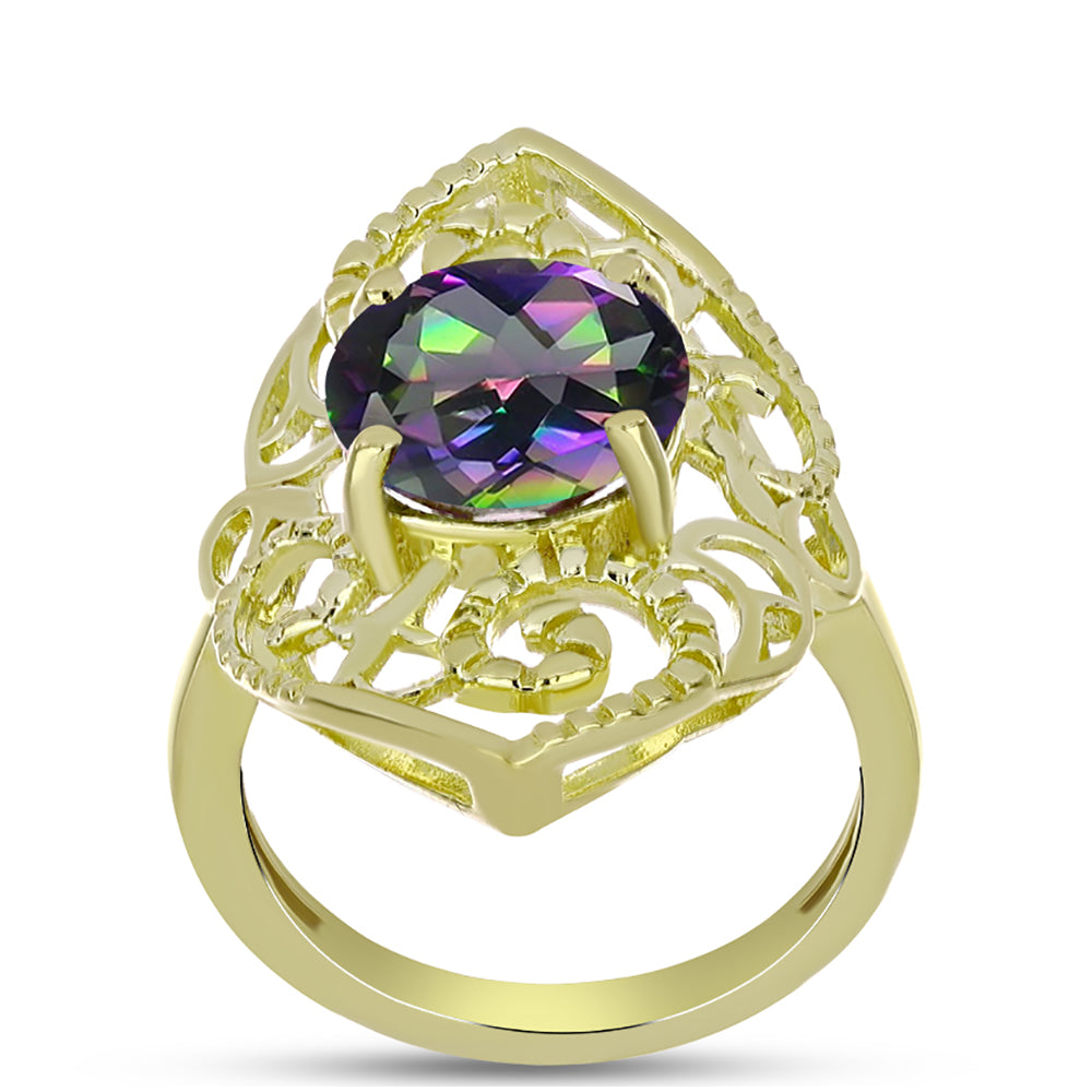 Anillo de Plata Bañada en Oro con Cuarzo Hematita verde místico