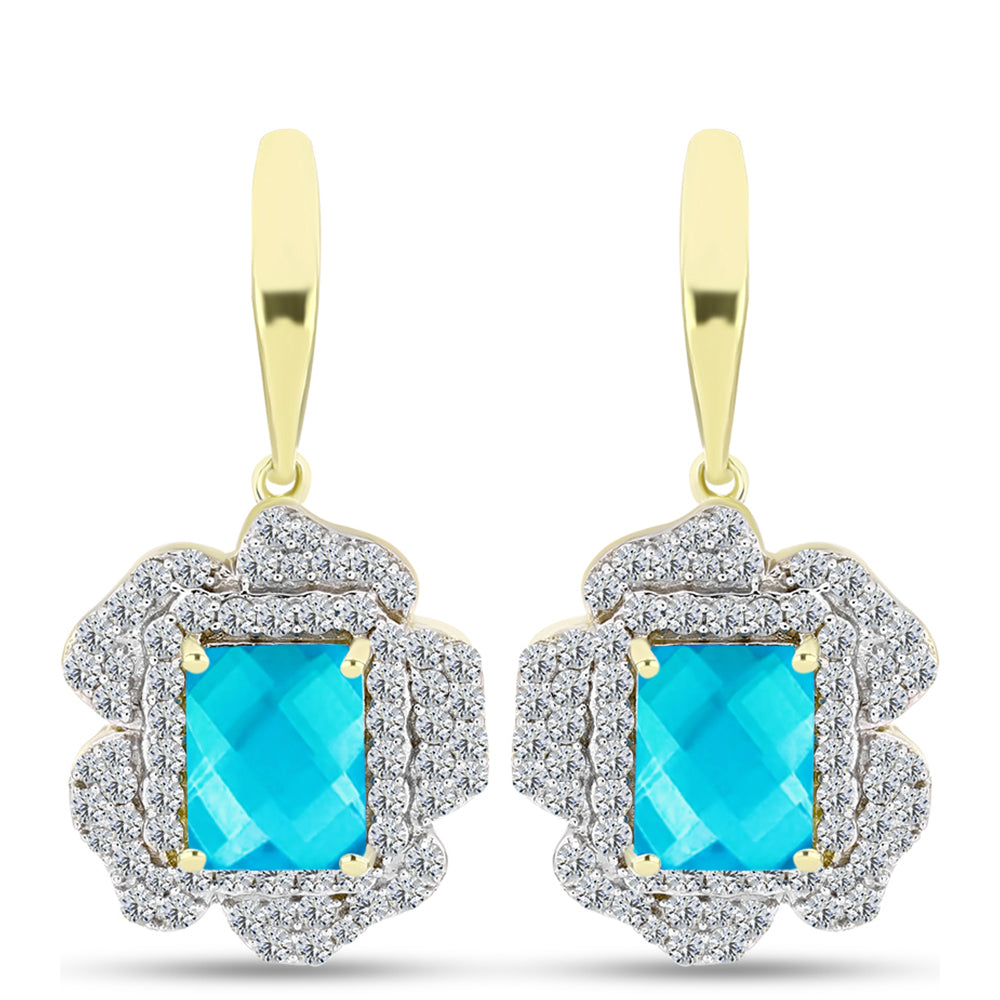 Pendientes de Plata Bañada en Oro con Jade Azul y Topacio Blanco 1 