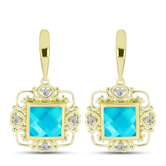 Pendientes de Plata Bañada en Oro con Jade Azul y Topacio Blanco