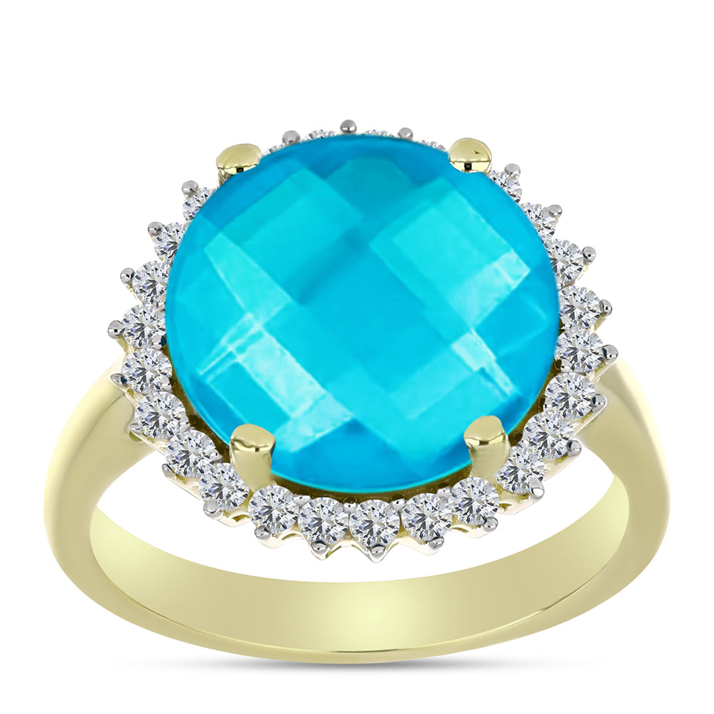 Anillo de Plata Bañada en Oro con Jade Azul y Topacio Blanco 3 
