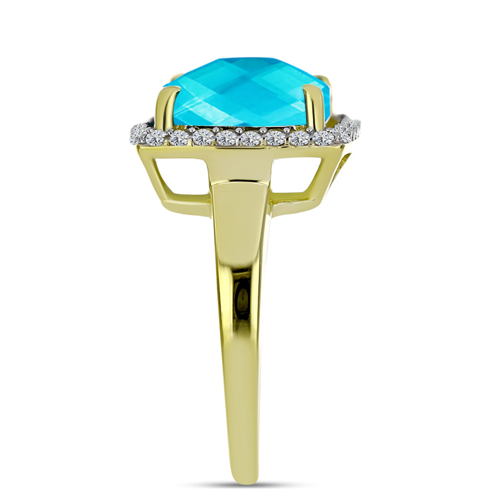 Anillo de Plata Bañada en Oro con Jade Azul y Topacio Blanco