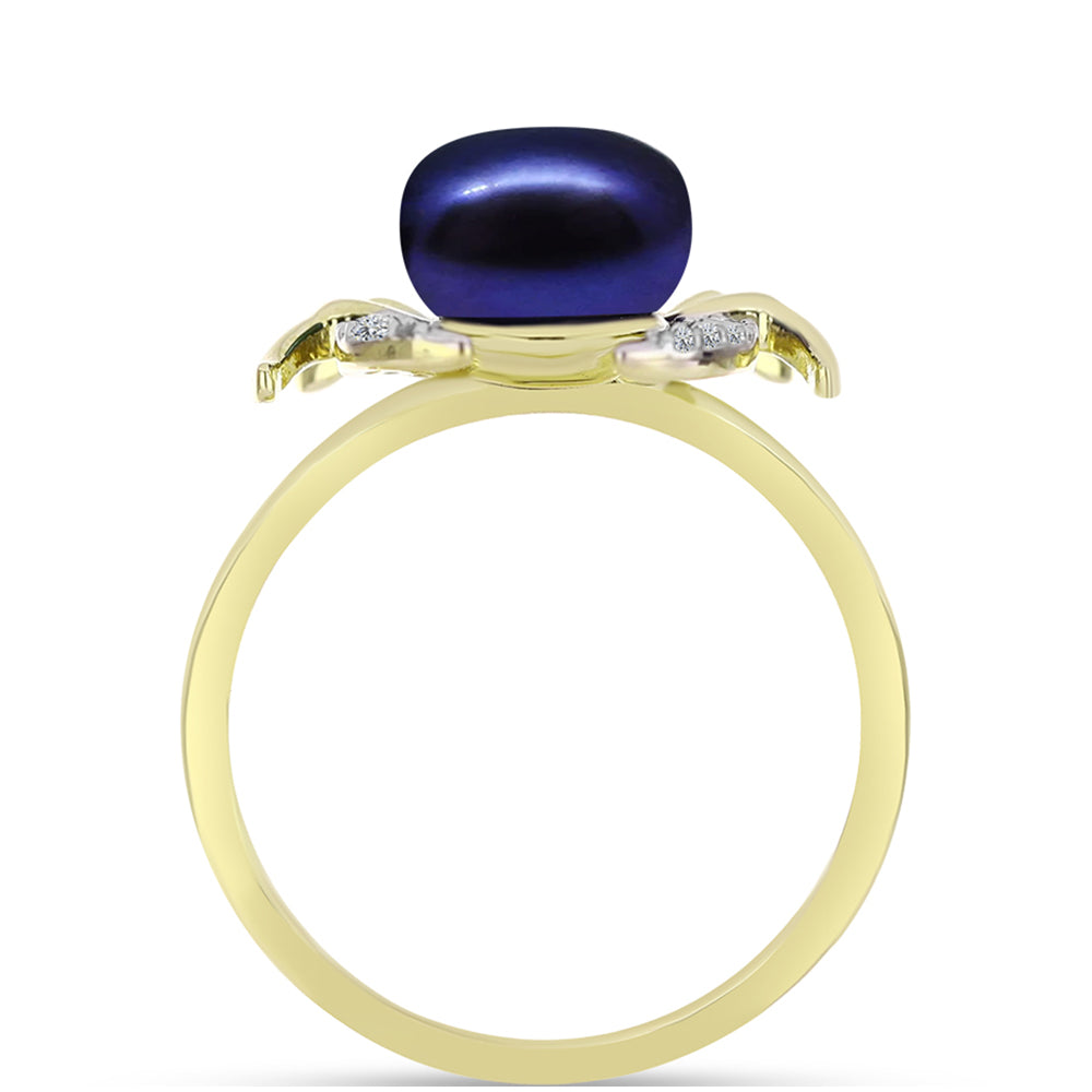 Anillo de Plata Bañada en Oro con Perla Negra de Agua dulce y Topacio Blanco 2 