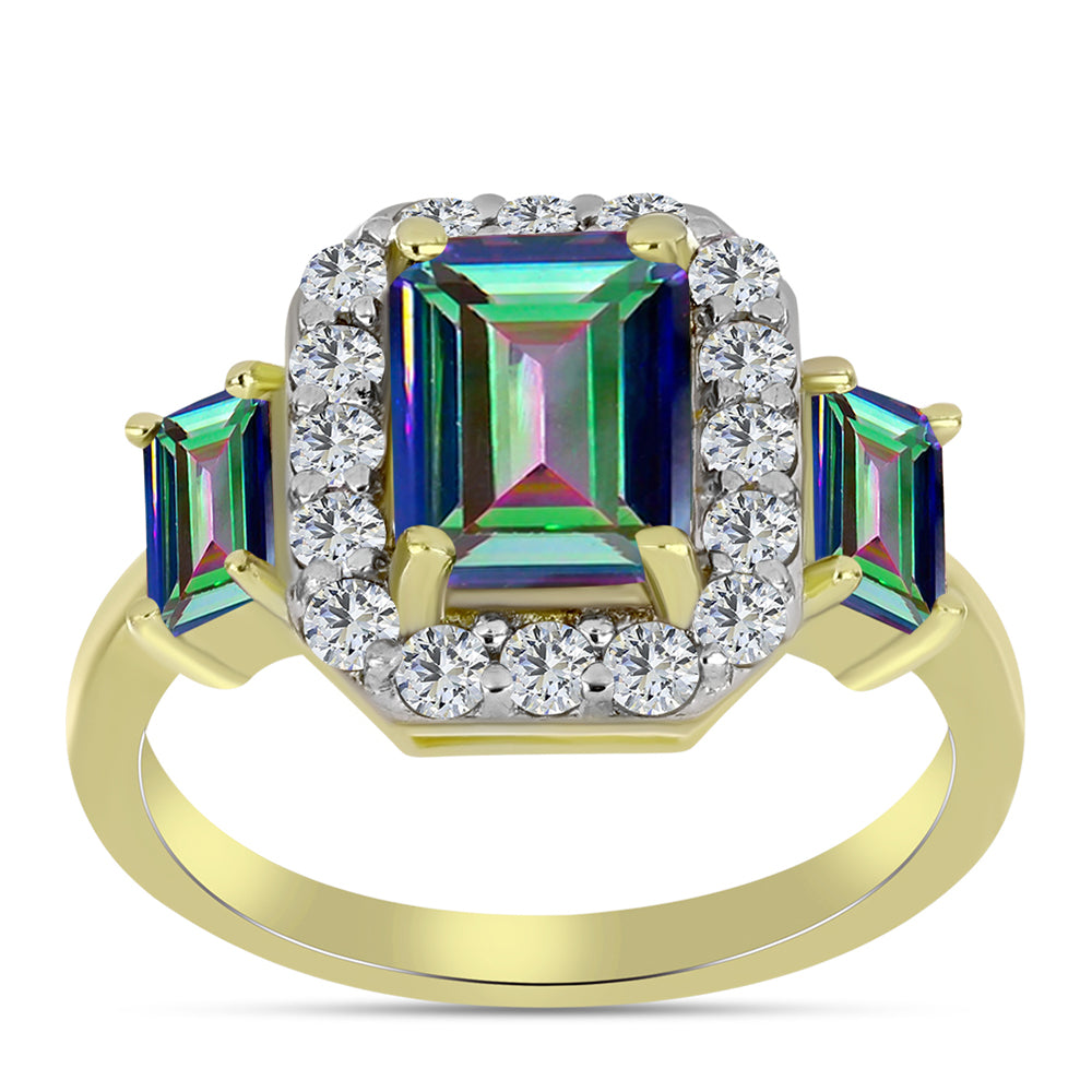 Anillo de Plata Bañada en Oro con Cuarzo Hematita verde místico y Topacio Blanco 3 