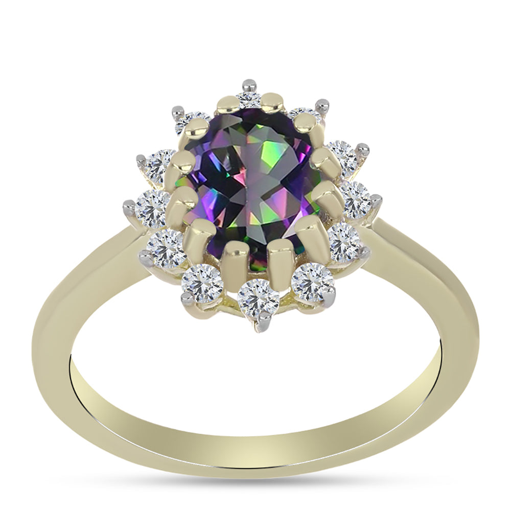 Anillo de Plata Bañada en Oro con Cuarzo Hematita verde místico y Topacio Blanco 3 