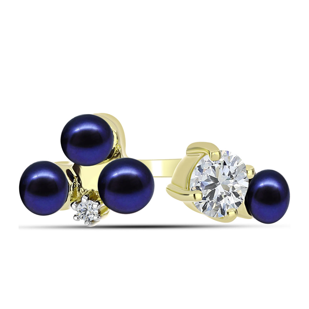 Anillo de Plata Bañada en Oro con Perla Negra de Agua dulce y Topacio Blanco 1 