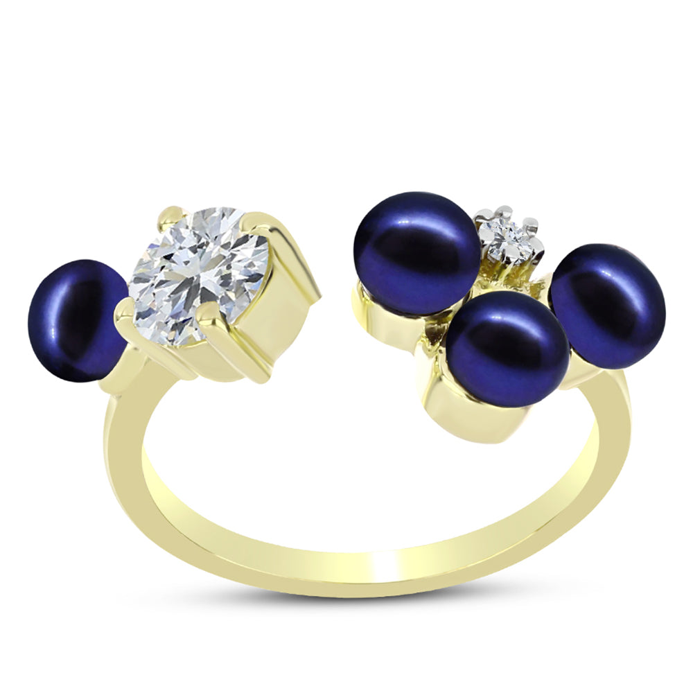 Anillo de Plata Bañada en Oro con Perla Negra de Agua dulce y Topacio Blanco 3 