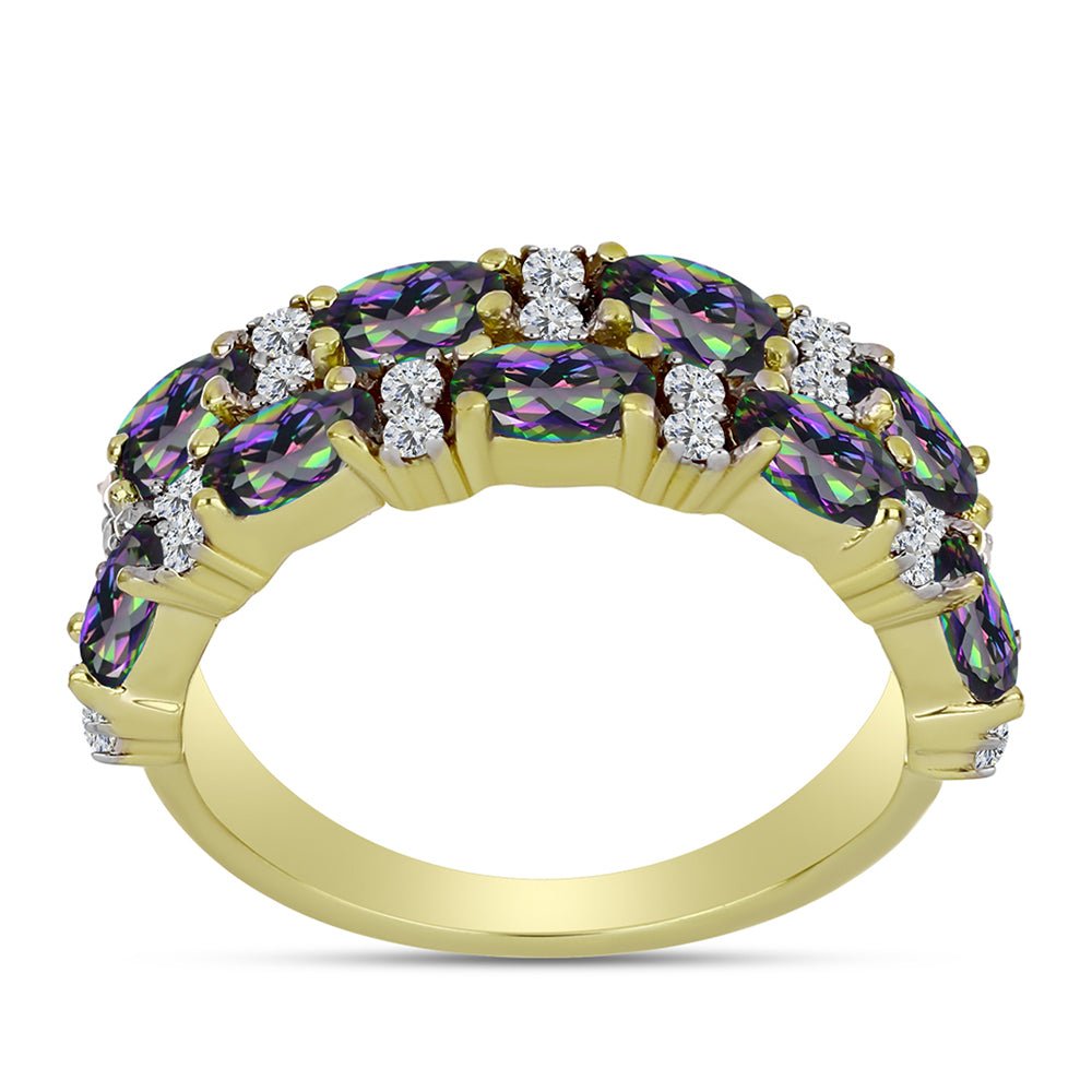 Anillo de Plata Bañada en Oro con Cuarzo Hematita verde místico y Topacio Blanco