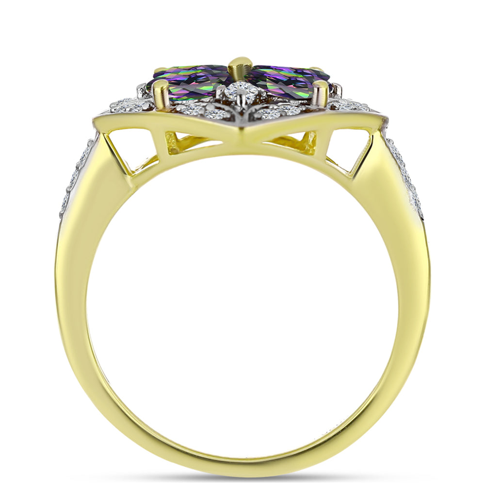 Anillo de Plata Bañada en Oro con Cuarzo Hematita verde místico y Topacio Blanco 2 