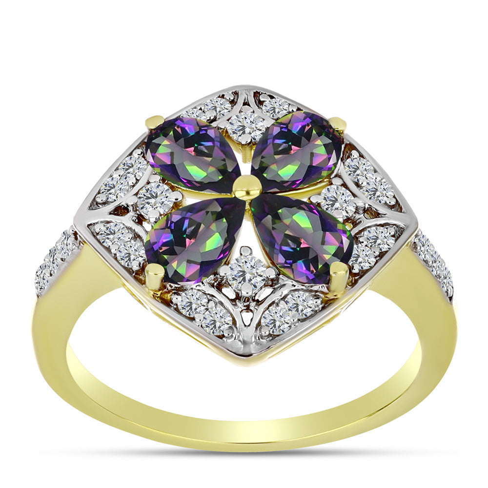 Anillo de Plata Bañada en Oro con Cuarzo Hematita verde místico y Topacio Blanco