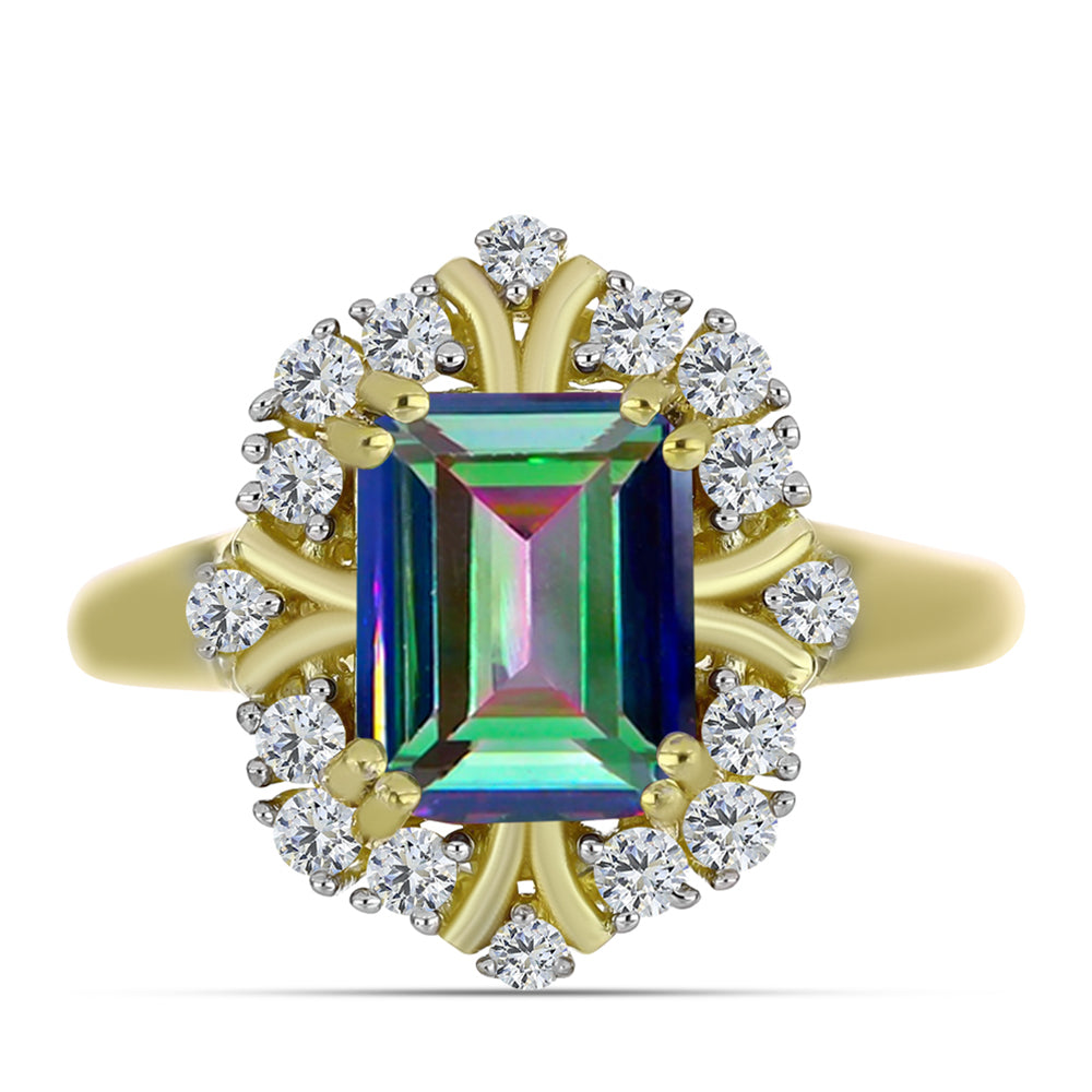 Anillo de Plata Bañada en Oro con Cuarzo Hematita verde místico y Topacio Blanco 1 