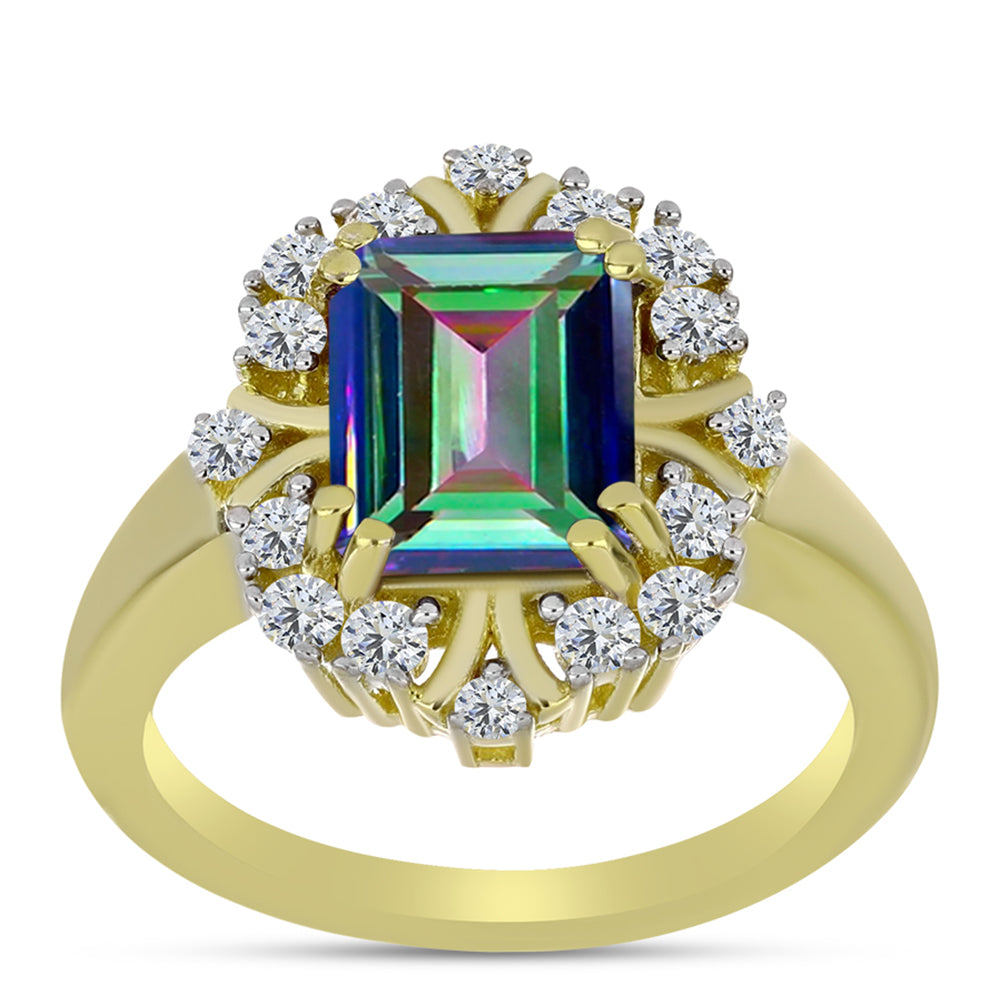 Anillo de Plata Bañada en Oro con Cuarzo Hematita verde místico y Topacio Blanco