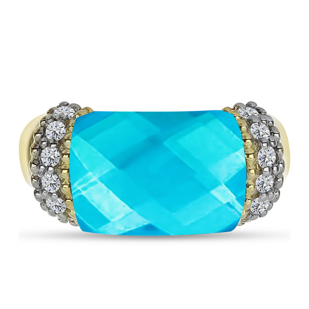 Anillo de Plata Bañada en Oro con Jade Azul y Topacio Blanco 1 