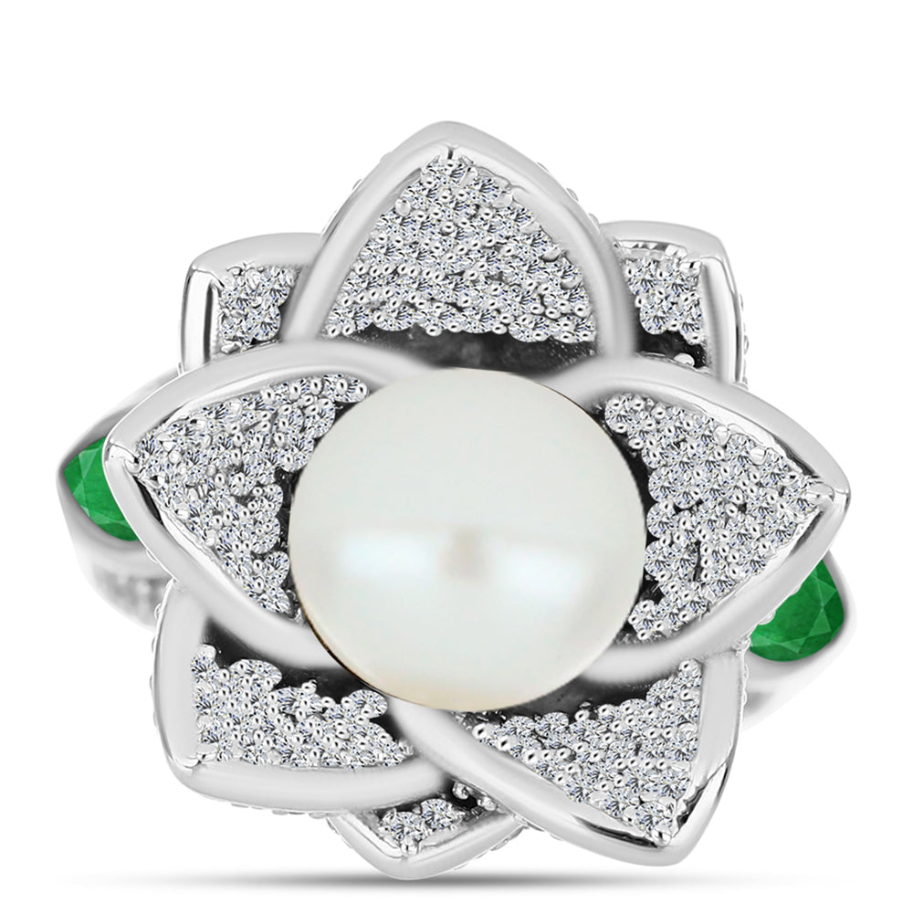Anillo de Plata con Esmeralda de Zambia y Perla de Agua Dulce