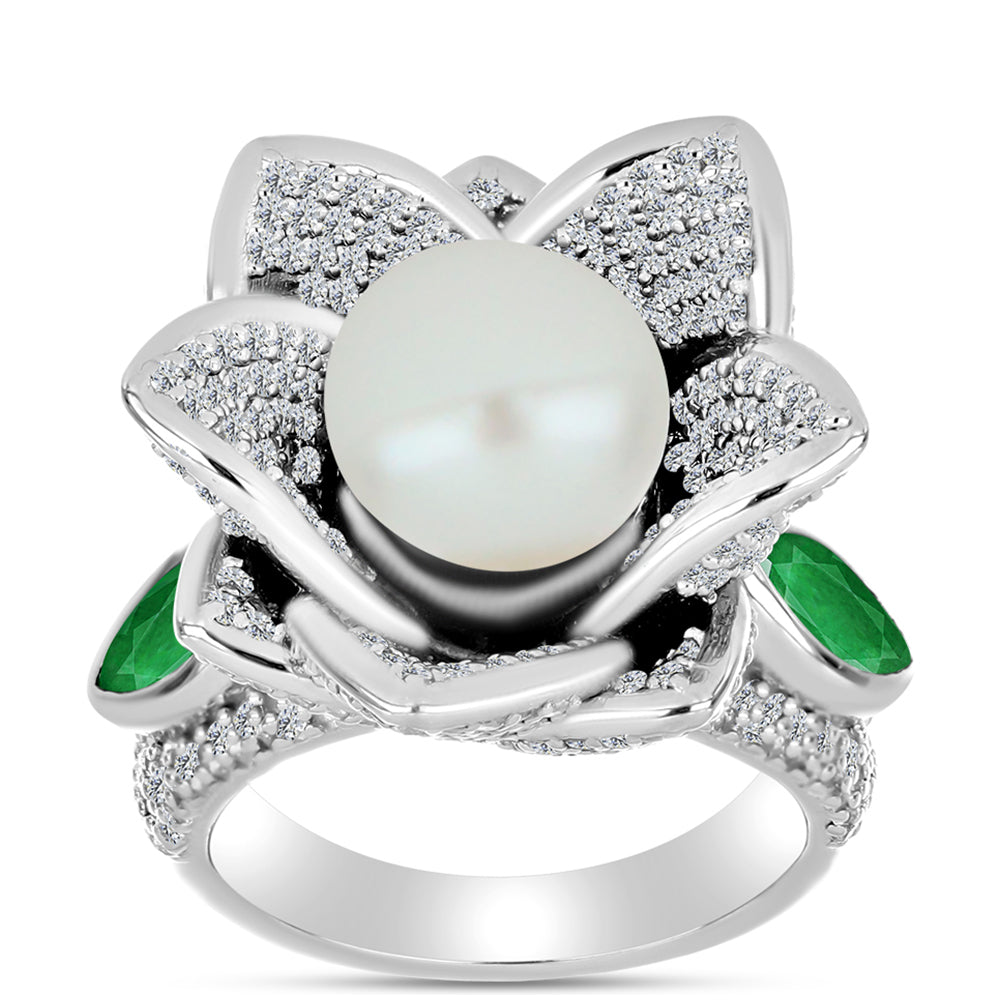 Anillo de Plata con Esmeralda de Zambia y Perla de Agua Dulce