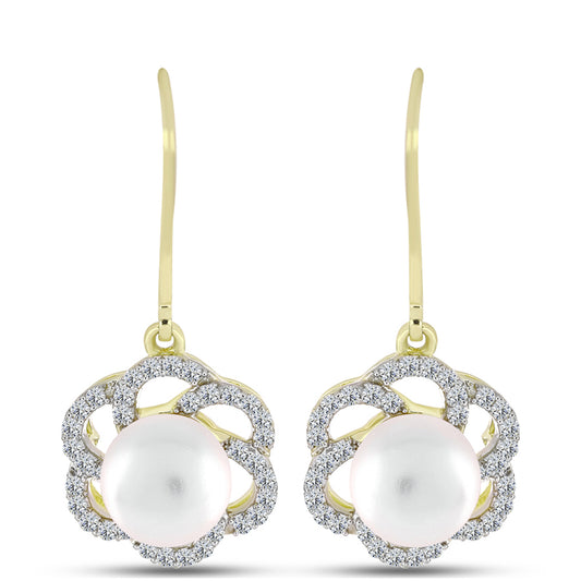 Pendientes de Plata Bañada en Oro con Perla de Agua Dulce y Topacio Blanco