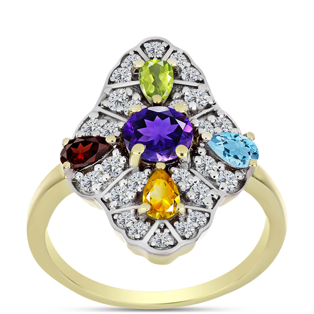 Anillo de Plata Bañada en Oro con Amatista de Marruecos y Citrino de los Montes Urales