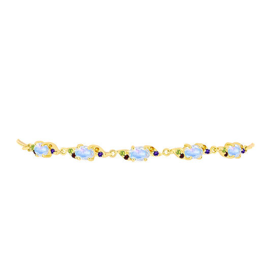 Pulsera de Plata Bañada en Oro con Piedra Lunar Arco Iris y Amatista de Marruecos