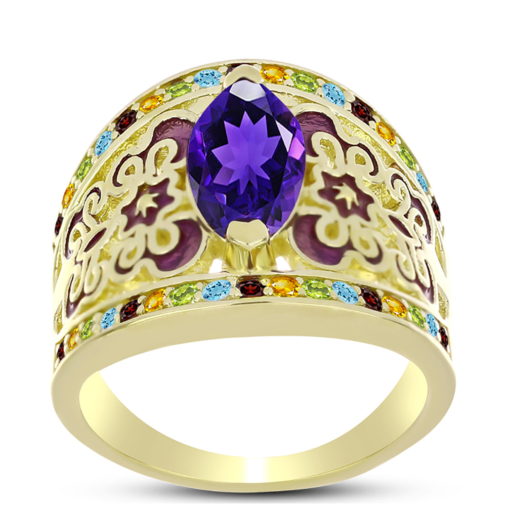 Anillo de Plata Bañada en Oro con Amatista de Marruecos y Citrino de los Montes Urales 3 