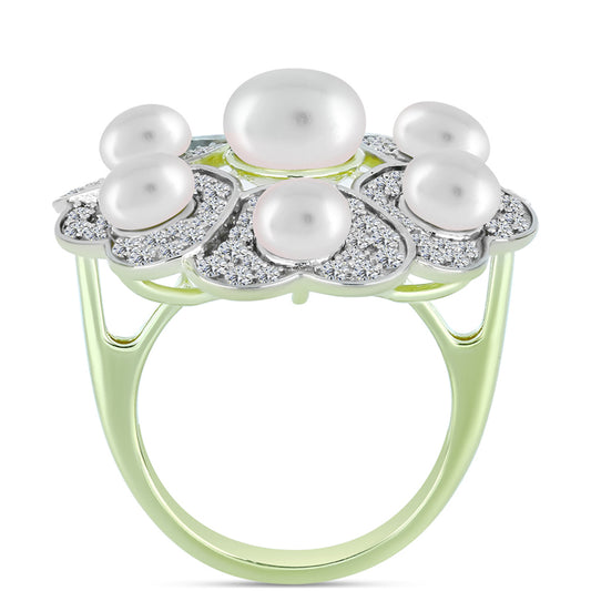 Anillo de Plata Bañada en Oro con Perla de Agua Dulce y Topacio Blanco