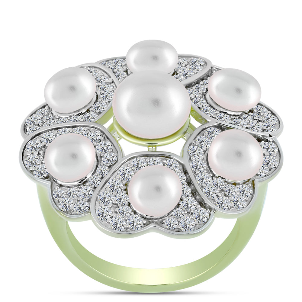 Anillo de Plata Bañada en Oro con Perla de Agua Dulce y Topacio Blanco 3 