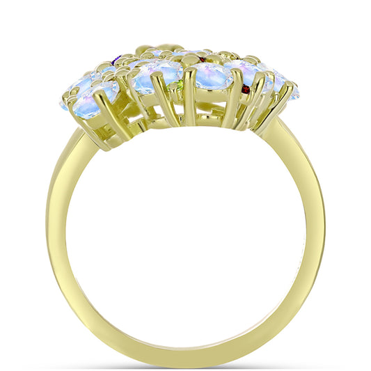 Anillo de Plata Bañada en Oro con Piedra Lunar Arco Iris y Amatista de Marruecos