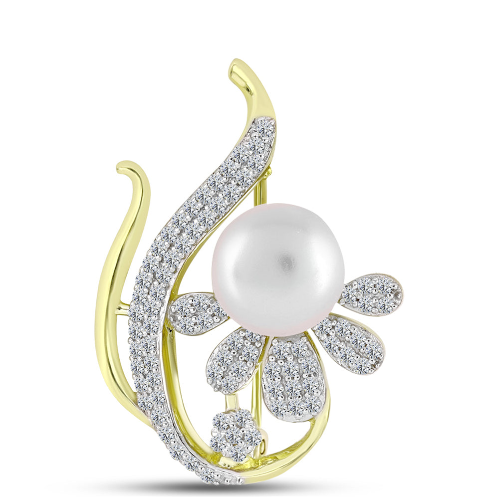 Broche de Plata Bañada en Oro con Perla de Agua Dulce y Topacio Blanco 1 
