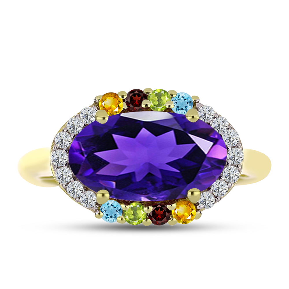 Anillo de Plata Bañada en Oro con Amatista de Marruecos y Citrino de los Montes Urales