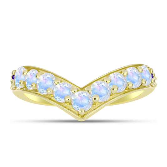 Anillo de Plata Bañada en Oro con Piedra Lunar Arco Iris y Amatista de Marruecos