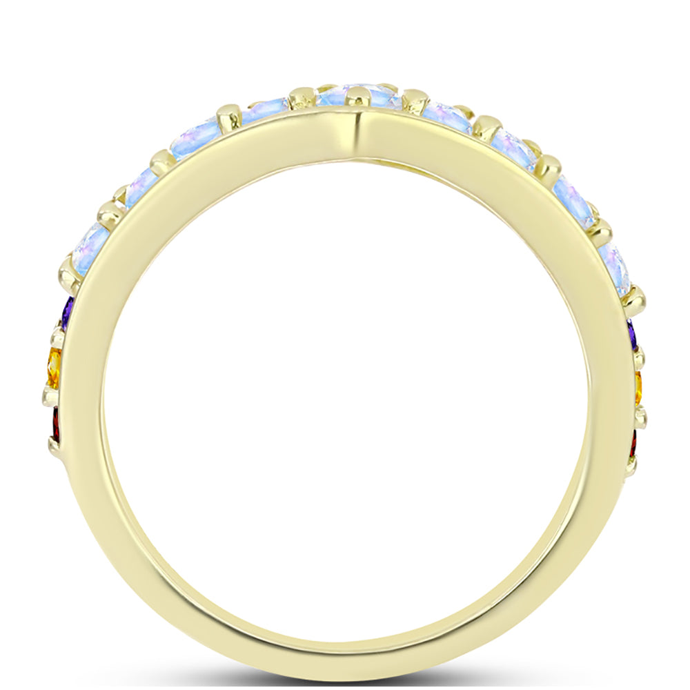 Anillo de Plata Bañada en Oro con Piedra Lunar Arco Iris y Amatista de Marruecos