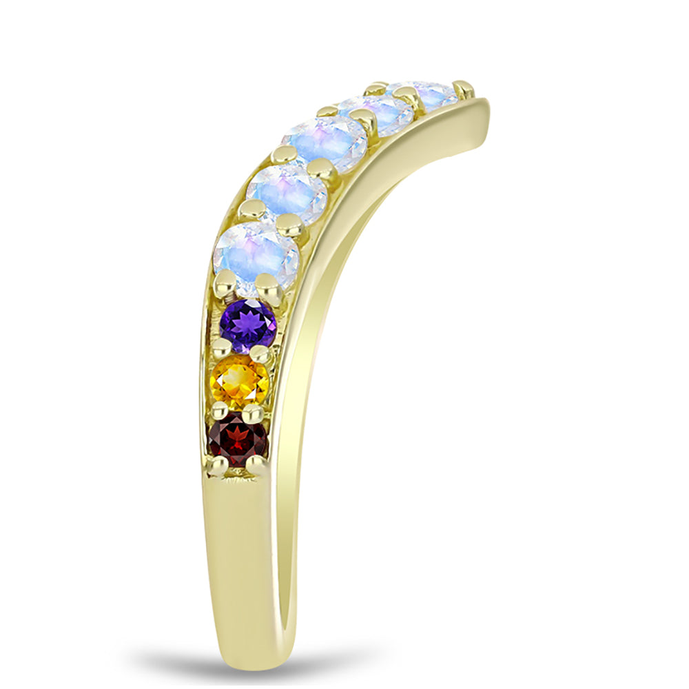 Anillo de Plata Bañada en Oro con Piedra Lunar Arco Iris y Amatista de Marruecos 4 