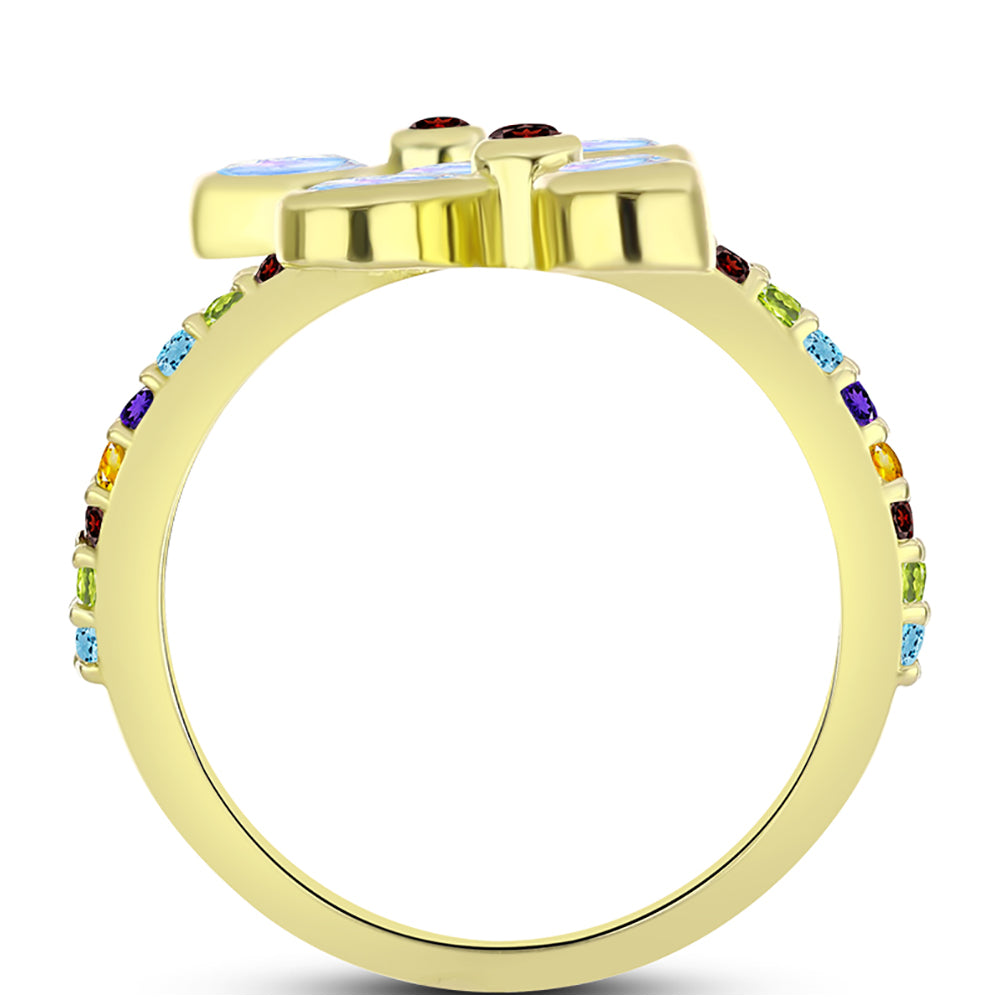 Anillo de Plata Bañada en Oro con Piedra Lunar Arco Iris y Granate Barton 2 