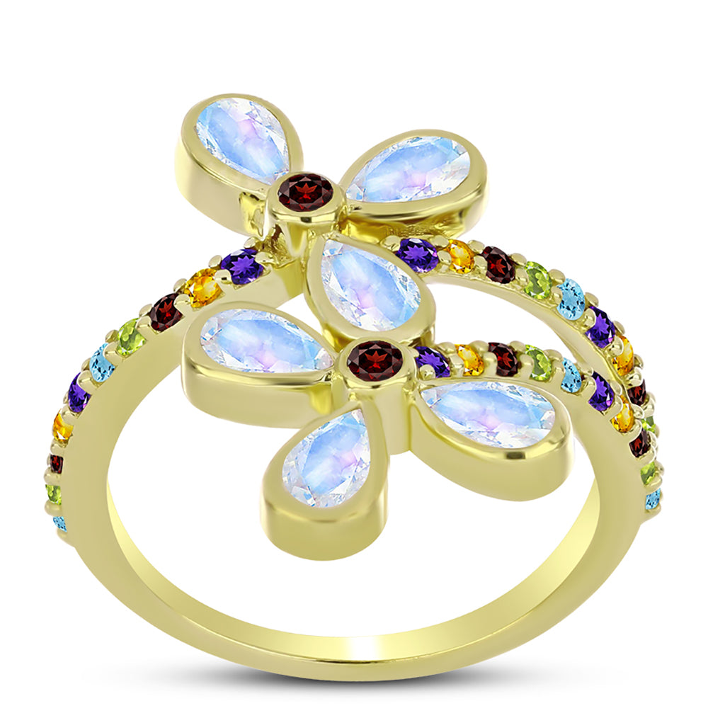 Anillo de Plata Bañada en Oro con Piedra Lunar Arco Iris y Granate Barton