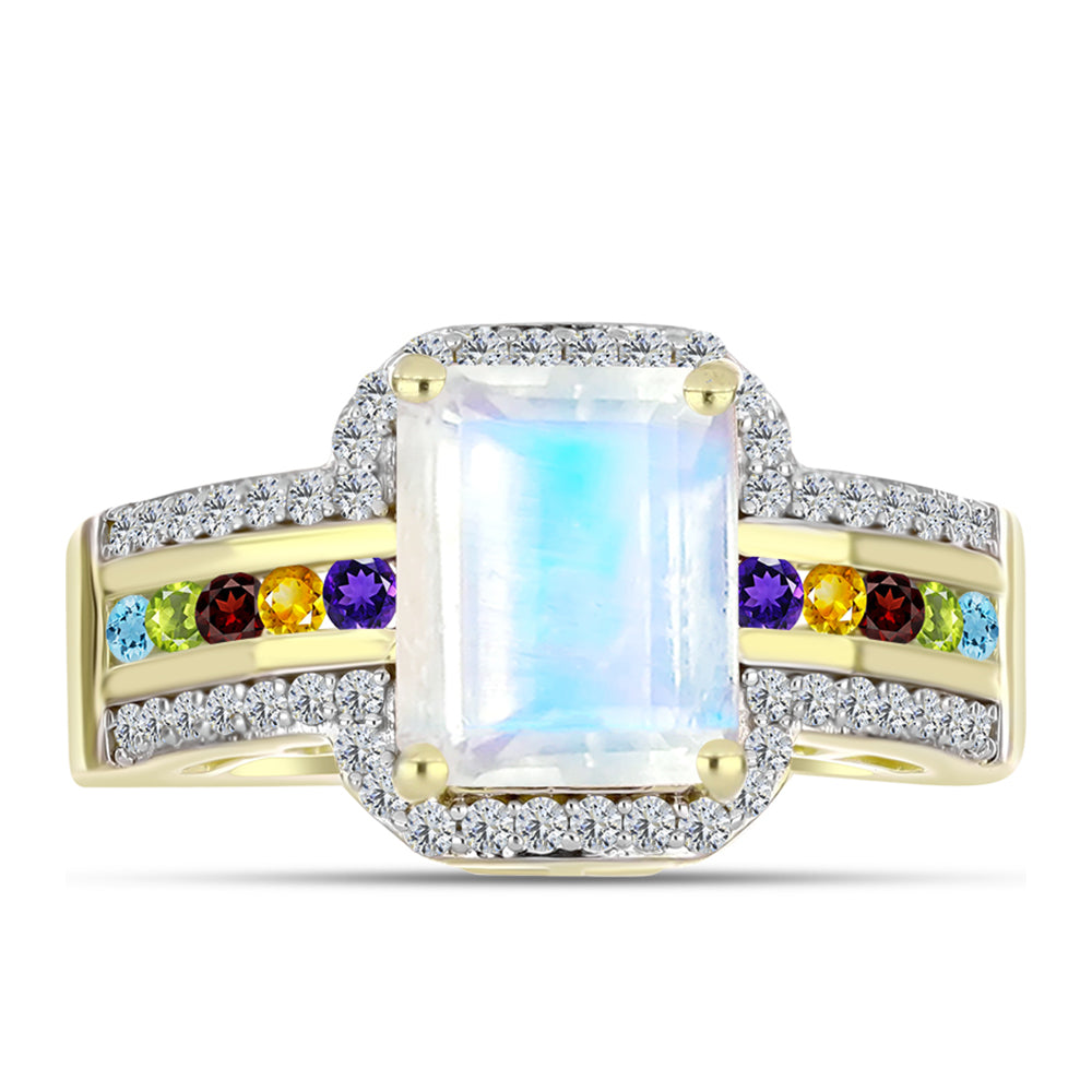 Anillo de Plata Bañada en Oro con Piedra Lunar Arco Iris y Amatista de Marruecos 1 
