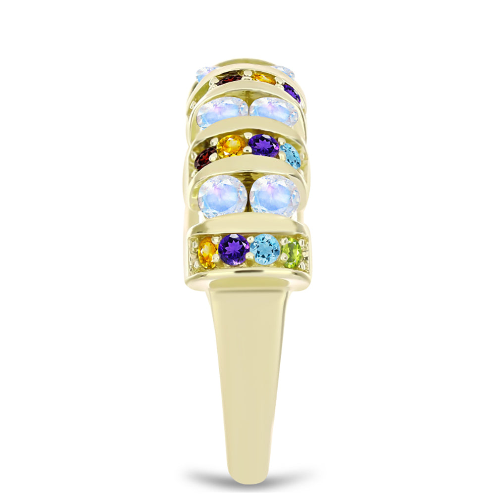 Anillo de Plata Bañada en Oro con Piedra Lunar Arco Iris y Amatista de Marruecos 4 